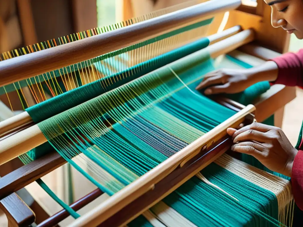 Un artesano teje con destreza telas tradicionales moda sostenible en un telar de madera, en un taller rústico iluminado por el sol