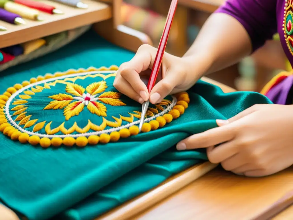 Bordado artesanal: manos expertas creando textiles étnicos vibrantes Un artesano bordando con detalle una tela tradicional, mostrando la herencia cultural detrás de la moda étnica para el día a día