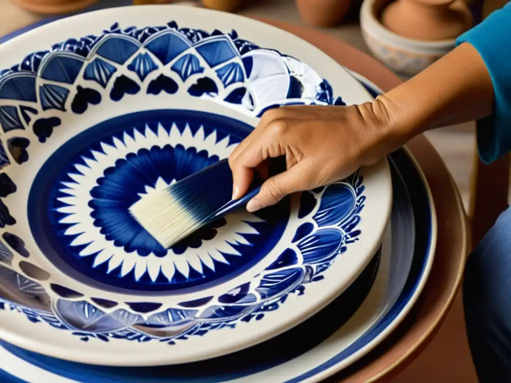 Un artesano pintando diseños azules y blancos en una vajilla mexicana de Talavera contemporánea, mostrando la artesanía y la autenticidad