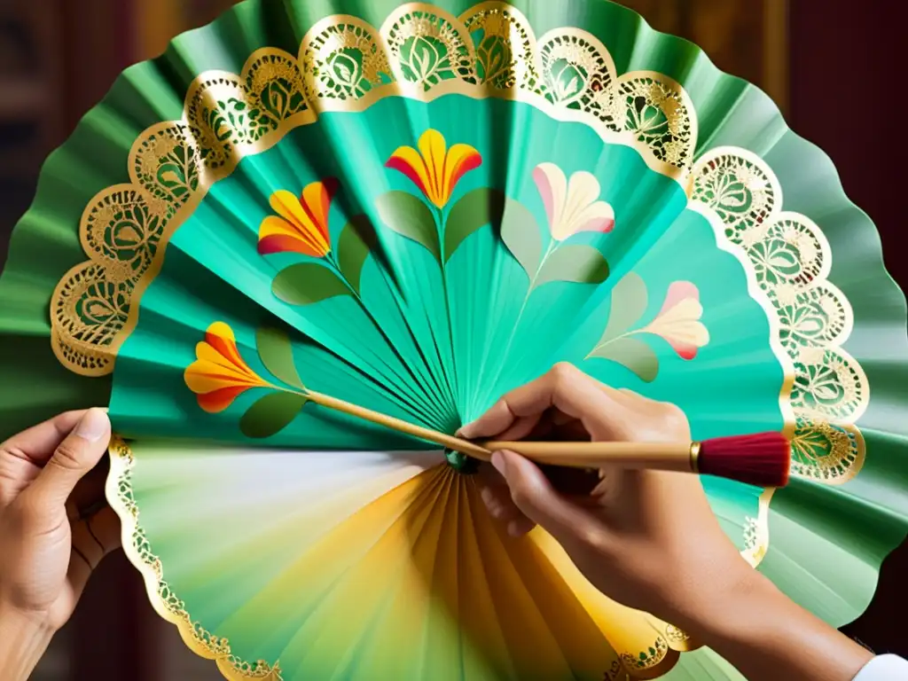 Un artesano pinta con maestría diseños florales en un abanico español, reflejando la tradición y técnica de los Abanicos de Sevilla