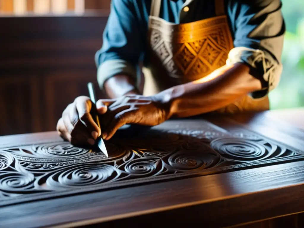 Un artesano tallando diseños en madera oscura, resaltada por la luz solar