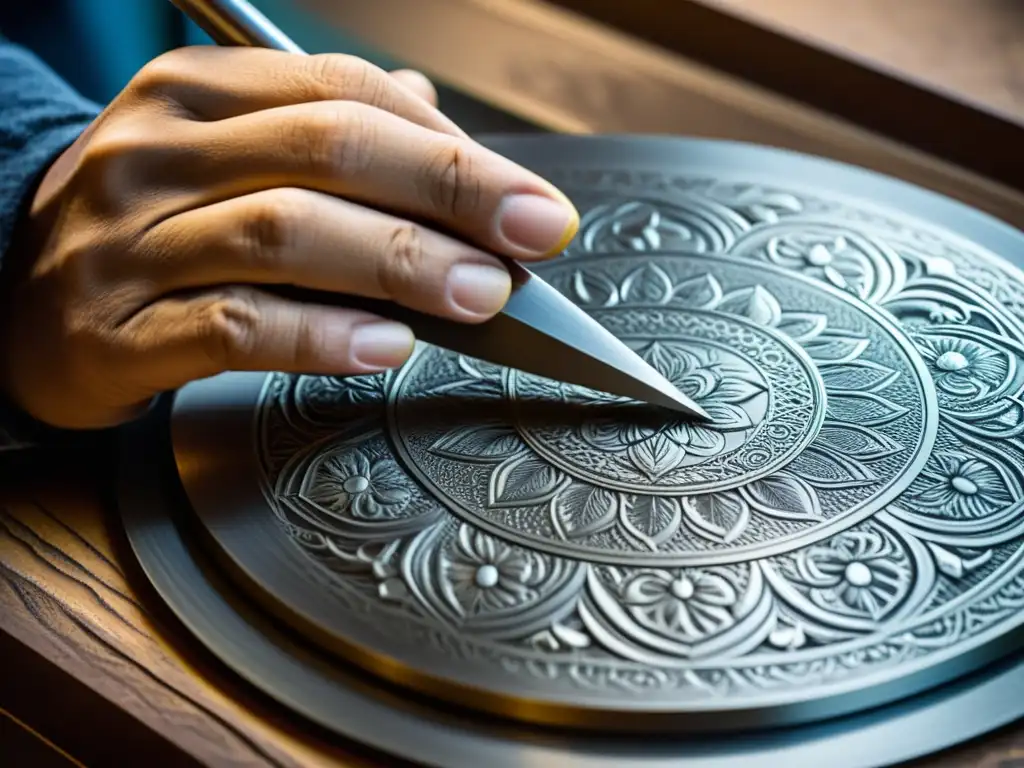 Artesano grabador experto en metal: precisión y arte Un artesano hábil graba meticulosamente diseños en una placa de metal usando herramientas tradicionales, demostrando las técnicas de grabado en metal