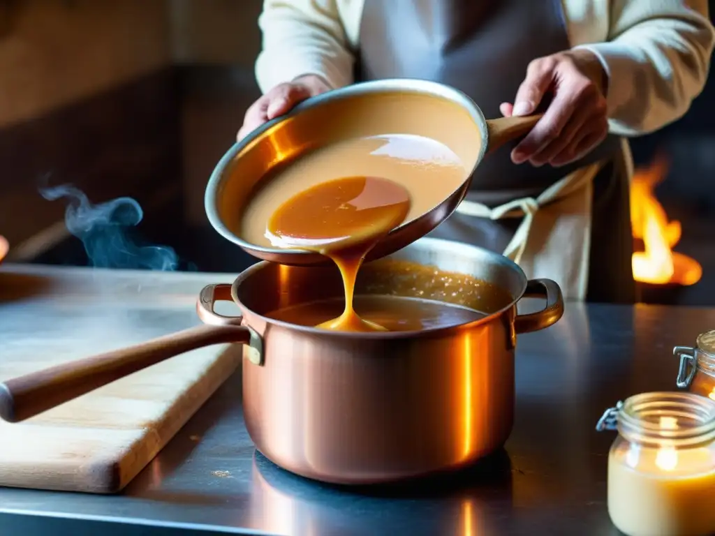 Artesano elaborando dulce de leche en cobre sobre llama, evocando la tradición y la historia de los dulces tradicionales de la nación