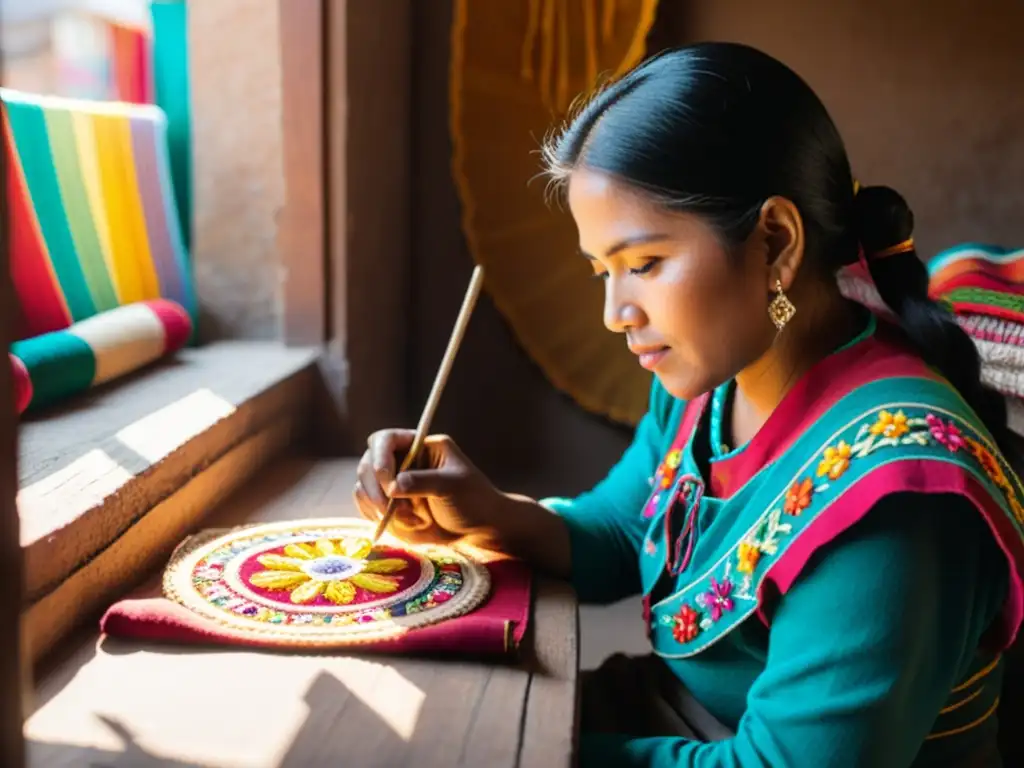 Artesano bordando escena colorida de mitos y leyendas en Ayacucho, Perú, rodeado de hilos y telas vibrantes en una habitación tenue