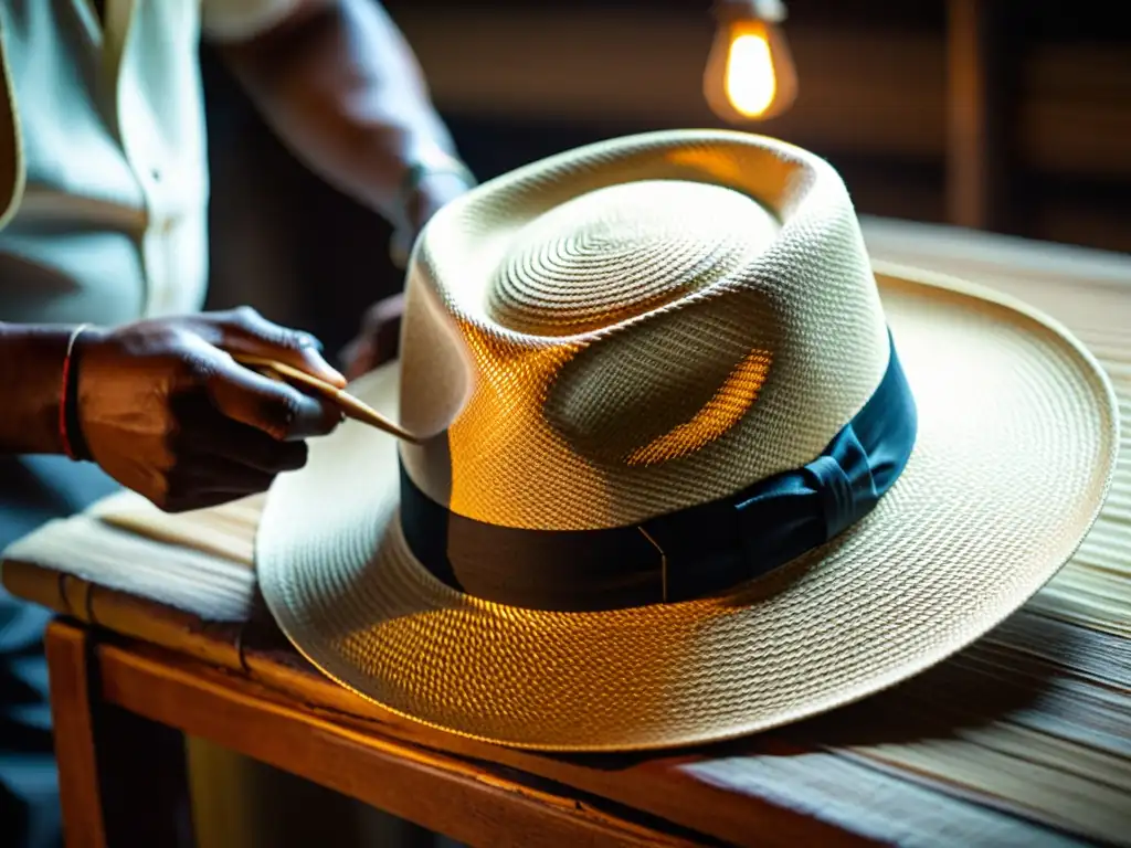 Artesano teje con esmero un sombrero tradicional Panamá en taller tenue, destacando la artesanía y elegancia de moda alta gama