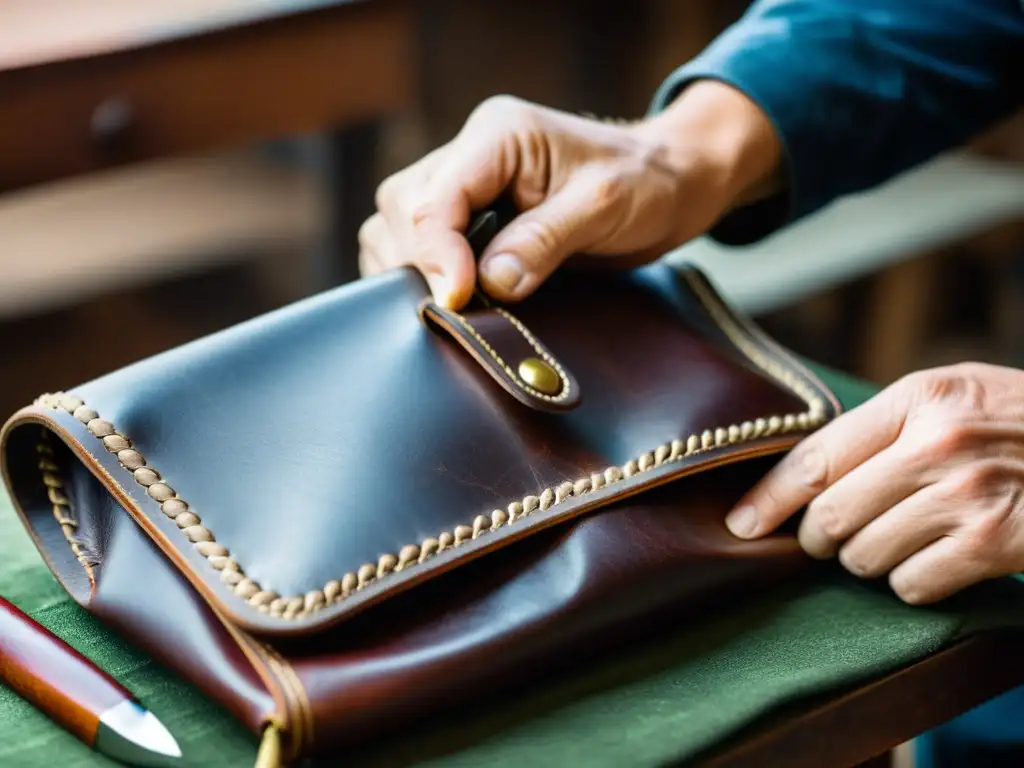 Un artesano experimentado crea a mano una hermosa bolsa de cuero