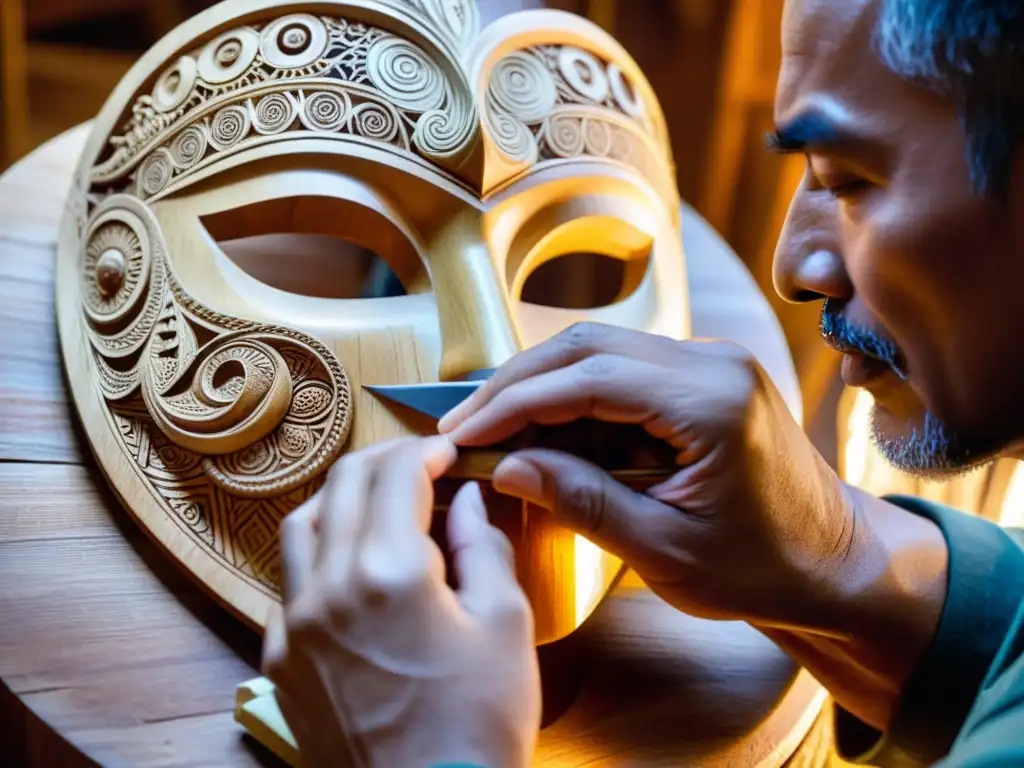 Un artesano experimentado talla con destreza una máscara cultural de madera, mostrando dedicación y artesanía en su taller iluminado