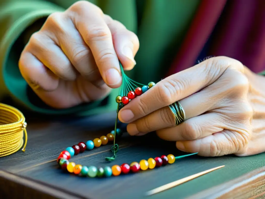 Un artesano experto hilvana abalorios históricos con destreza, evocando tradición y destreza en el curso de bisutería tradicional con abalorios