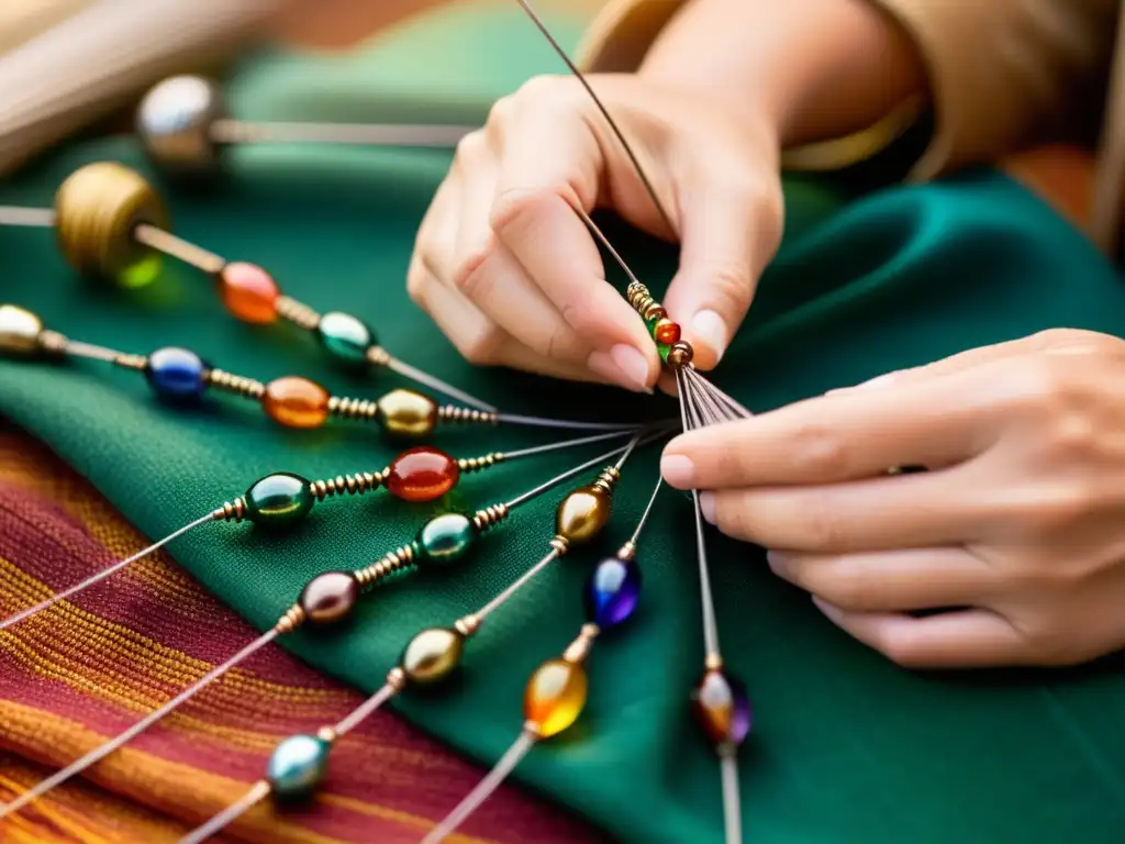 Un artesano experto hilando abalorios de vidrio para crear una joyería tradicional