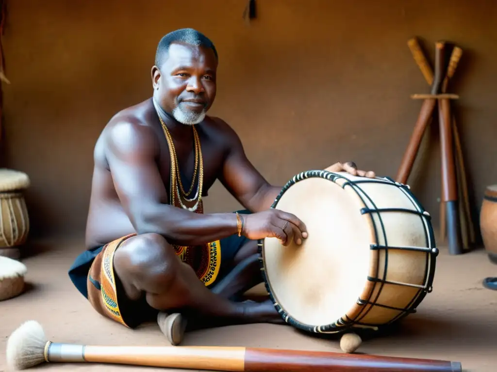 Un artesano experto fabrica ritualmente un tambor africano, cuidadosamente estirando la piel sobre el marco de madera