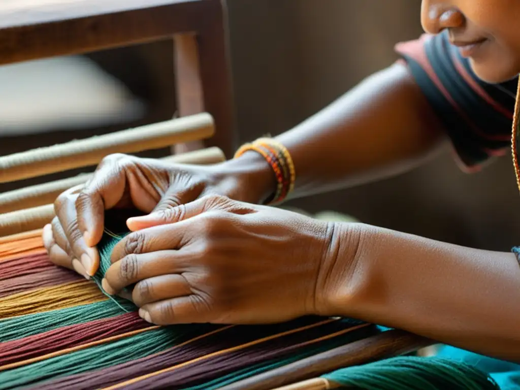 Un artesano experto teje con cuidado hilos vibrantes, mostrando la herencia cultural en una exposición de arte étnico ancestral