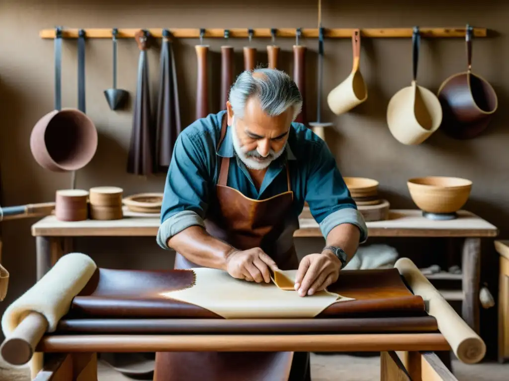 Un artesano experto trabaja meticulosamente en el curtido de piel, rodeado de herramientas tradicionales