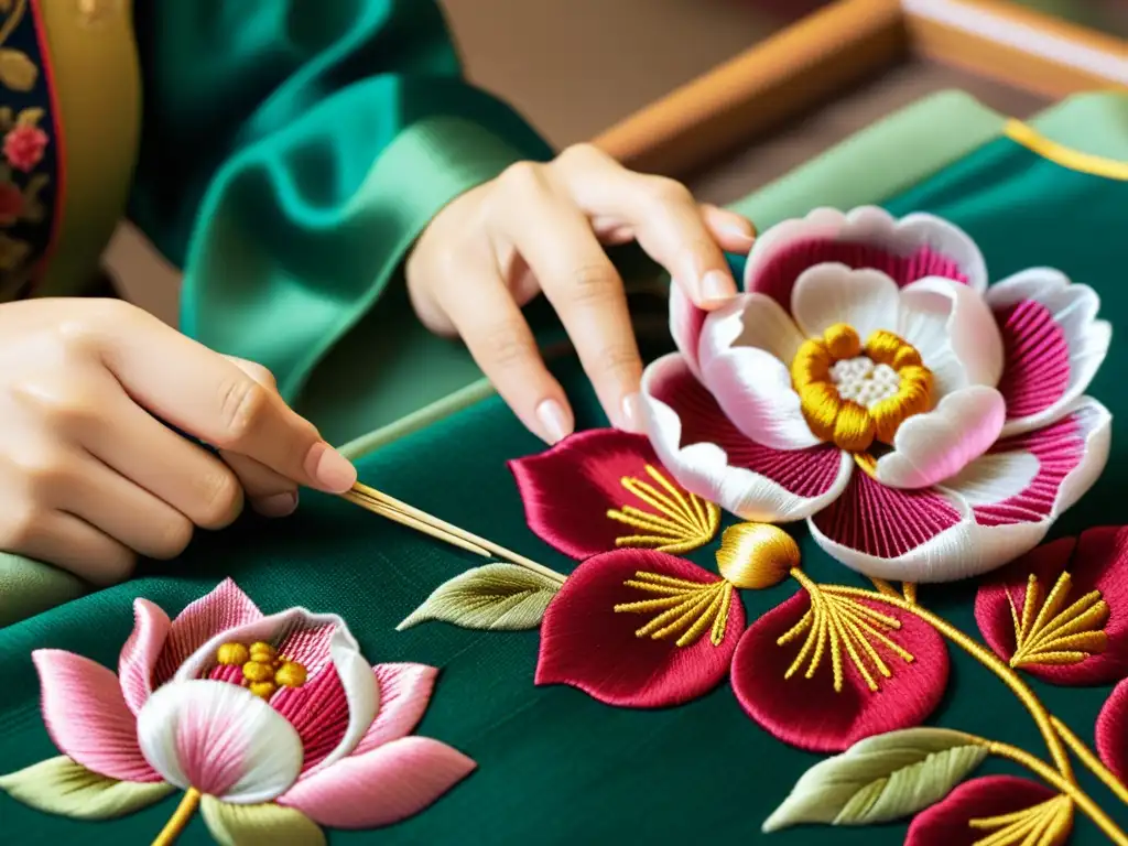 Un artesano experto borda con delicadeza hilos de seda vibrantes en un textil chino, mostrando el renacimiento del bordado chino