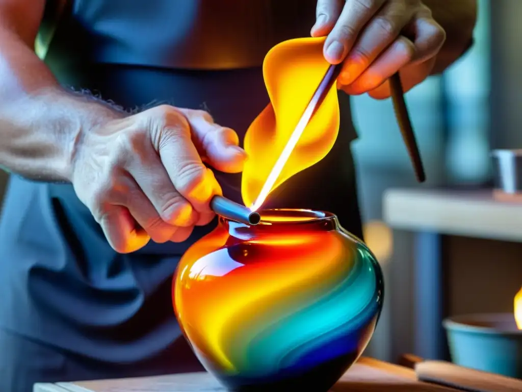 Un artesano experto moldea con destreza un vaso multicolor en vidrio soplado artesanal, en una impresionante exhibición de destreza y color