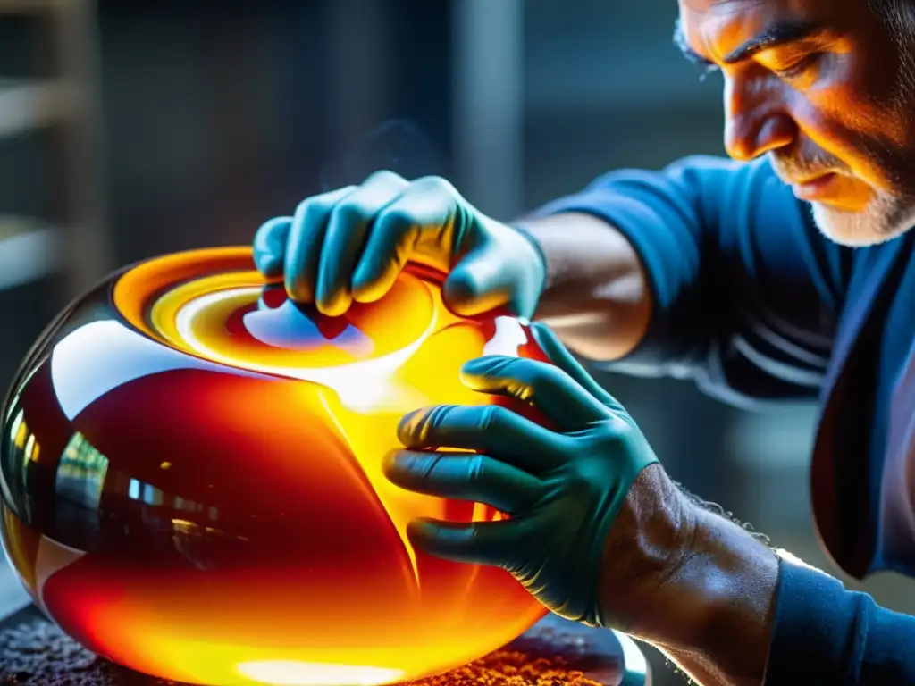 Un artesano experto moldea con destreza vidrio de Murano, destacando la tradición y precisión del arte en vidrio de Murano