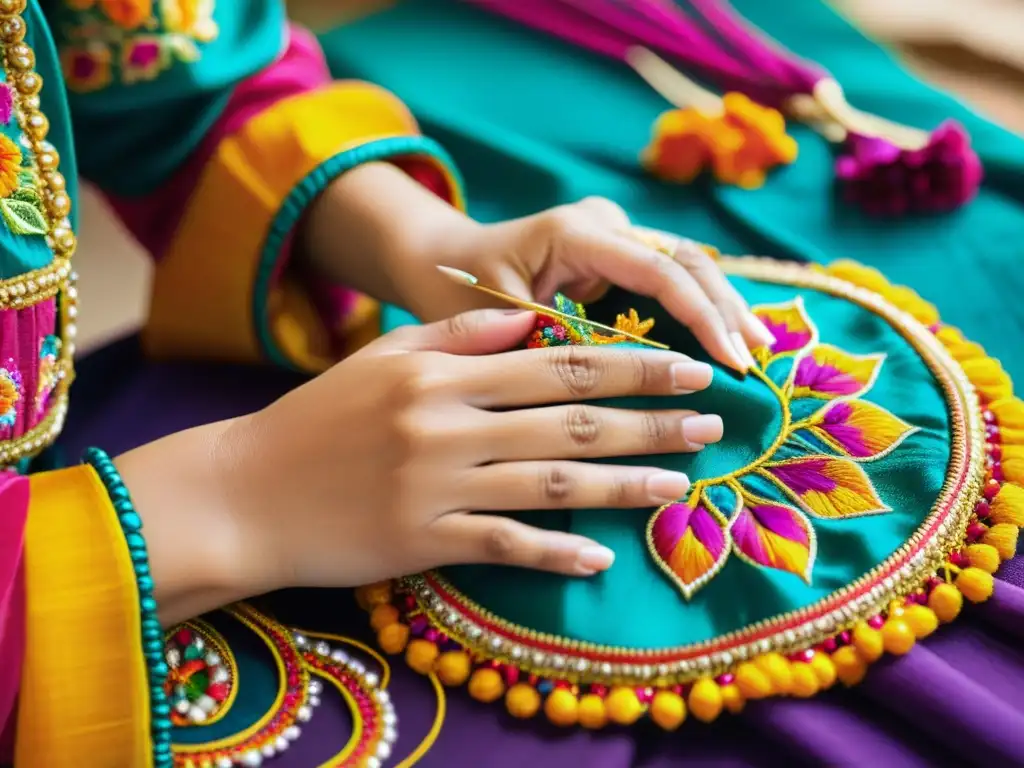 Un artesano experto borda con detalle una colorida vestimenta de danza, representando la técnica antigua de bordado en danza