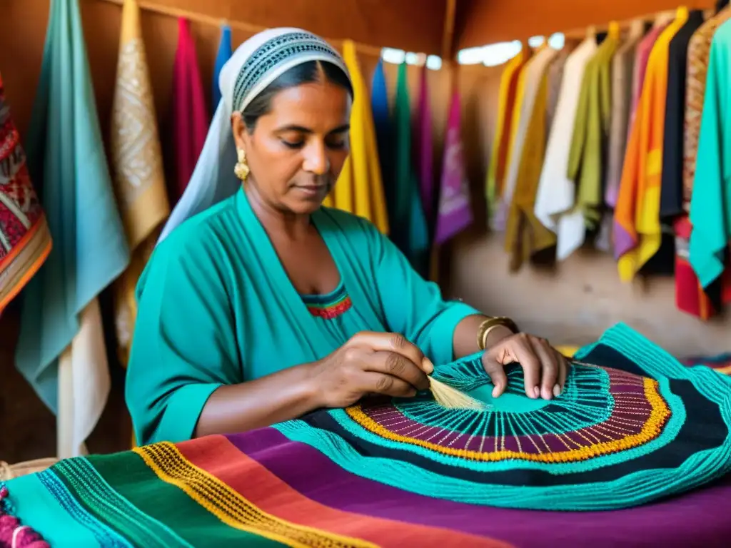 Un artesano experto crea una Djellaba tradicional del norte de África en un bullicioso mercado lleno de color y vida