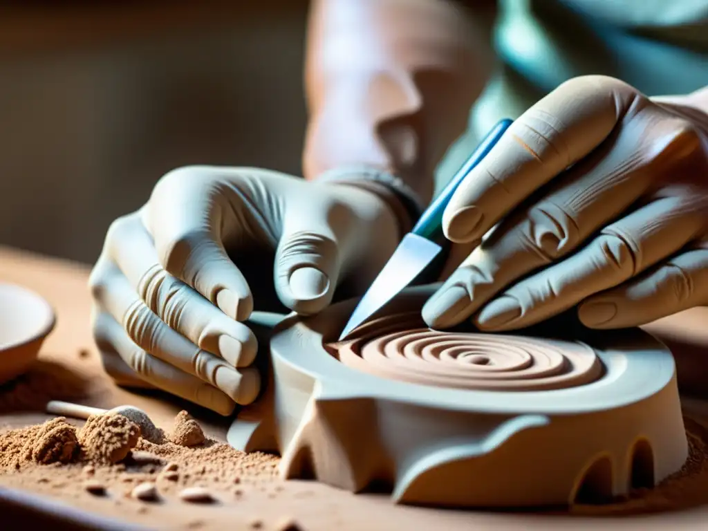 Artesano dando forma a una figura de cerámica con pasión y destreza Un artesano experto da forma a una figurilla de cerámica en un taller de cerámica figurativa tradicional, reflejando pasión y dedicación
