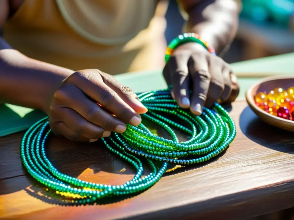 Un artesano experto en las islas del Pacífico ensarta meticulosamente cuentas de vidrio para crear joyería tradicional