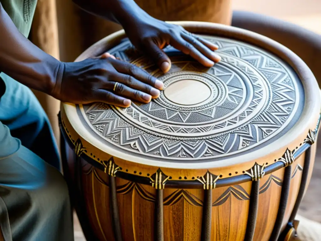 Un artesano experto tallando patrones en un tambor africano, con manos curtidas por la experiencia