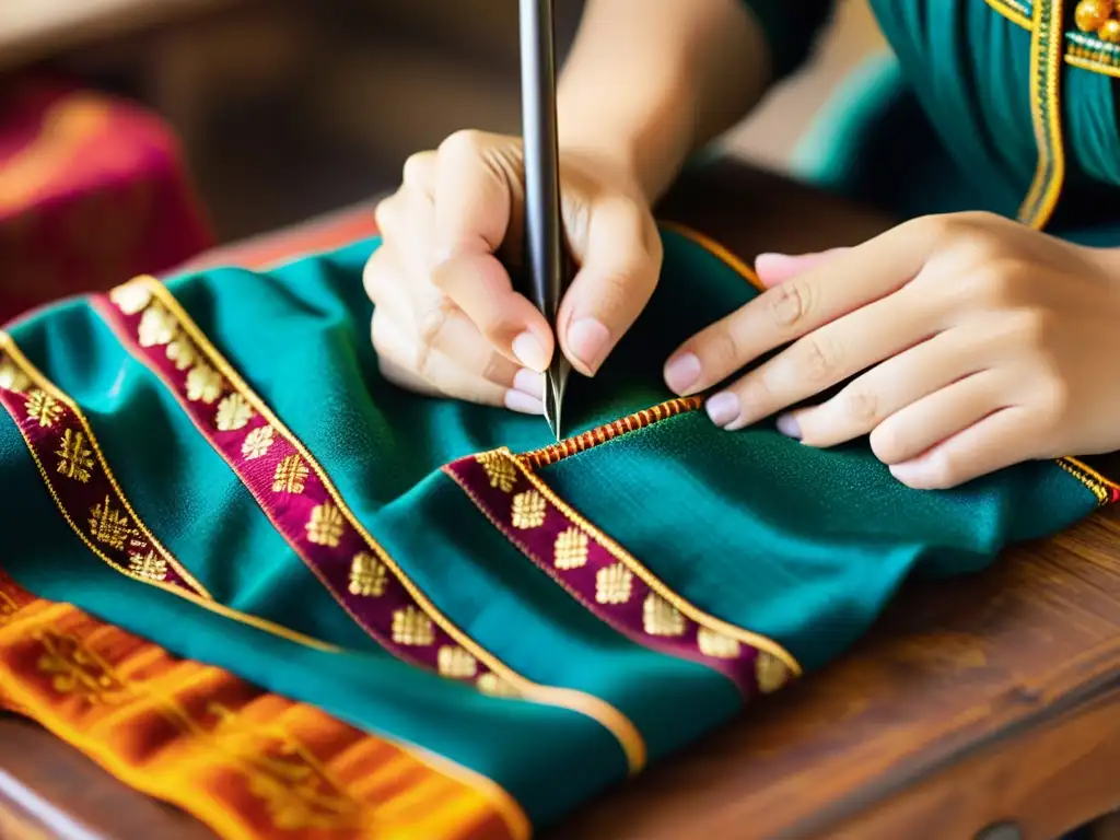 Un artesano experto borda patrones en una prenda étnica tradicional, mostrando la artesanía y la belleza de la moda étnica tradicional