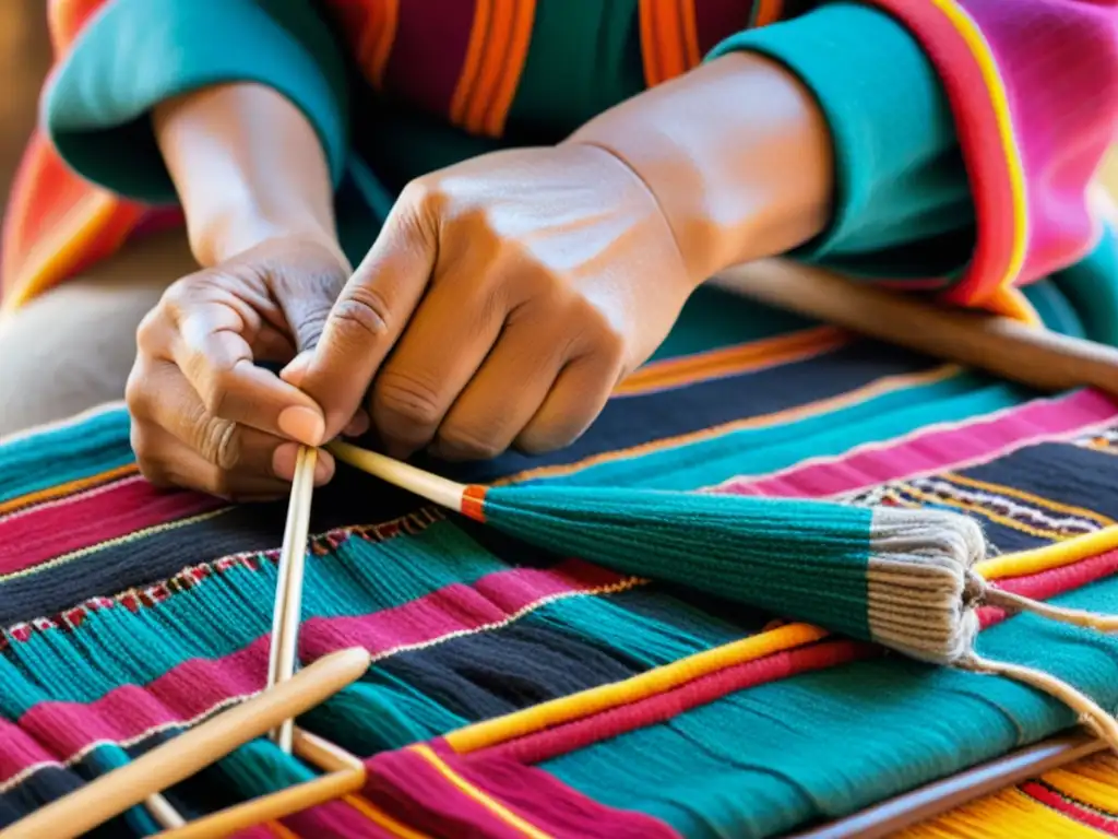 Un artesano experto teje patrones vibrantes en textil andino, preservando la iconografía ancestral en colecciones de diseñadores