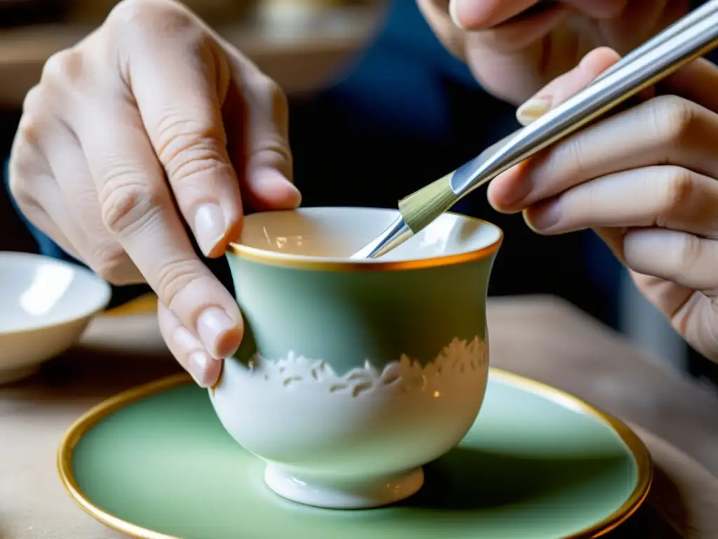 Un artesano experto moldea y pinta con precisión una delicada taza de porcelana de Limoges, destacando la tradición artesanal francesa