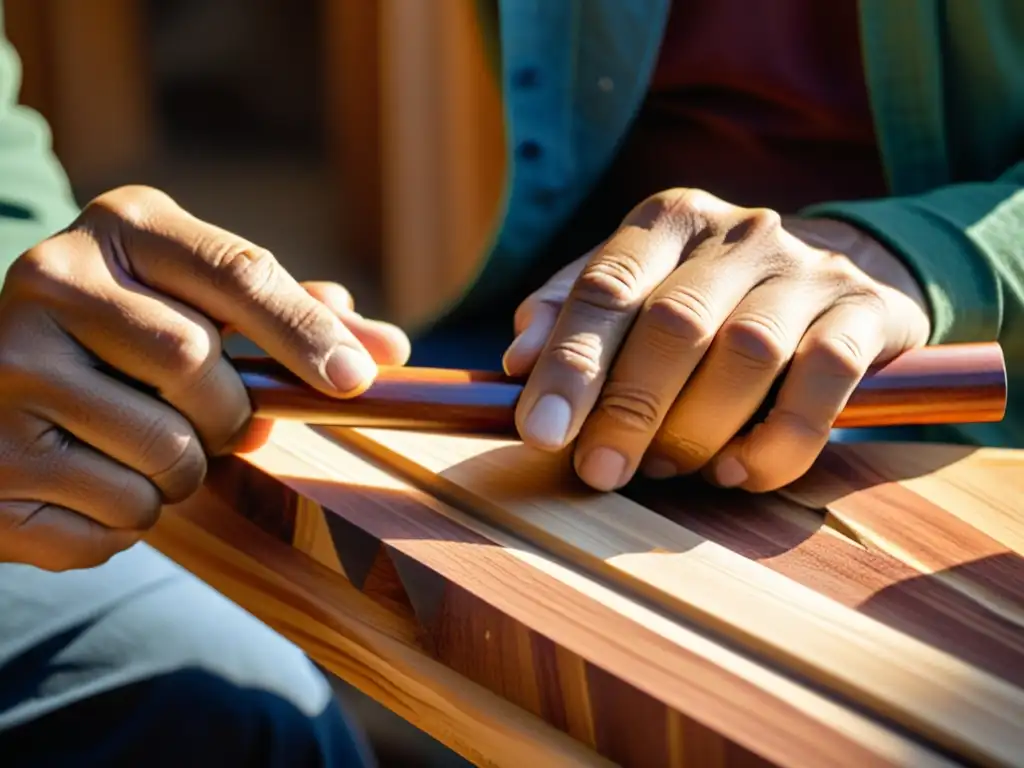 Un artesano experto talla con cuidado y precisión la madera aromática de cedro para crear una flauta nativa americana