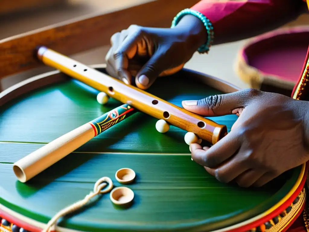 Un artesano experto talla con cuidado una flauta de madera, inspiración música tradicional moda