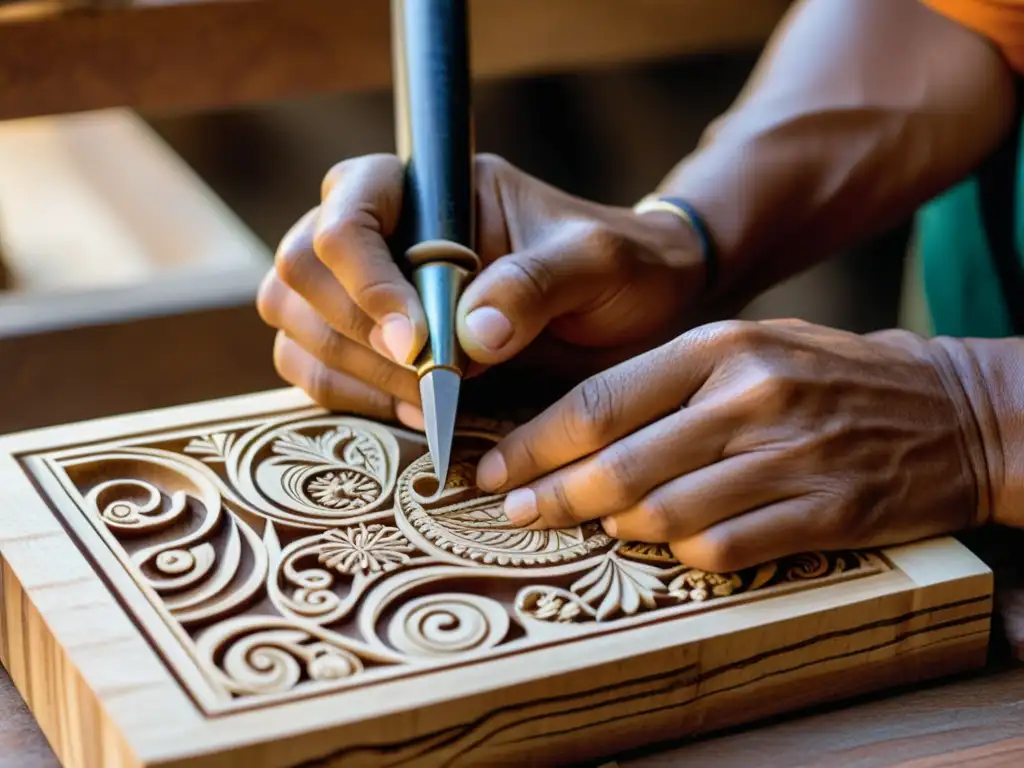 Artesano experto tallando madera para xilografía Un artesano experto talla con precisión diseños en un bloque de madera para xilografía, resaltando las técnicas de grabado en metal