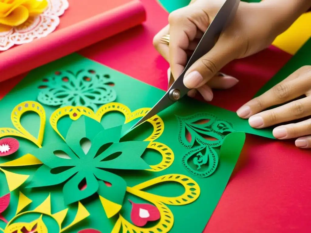 Un artesano experto en un taller de papel picado artesanal corta con delicadeza un diseño tradicional en papel de colores vibrantes