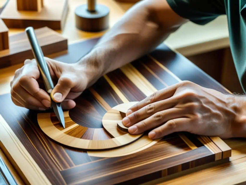 Un artesano experto en técnicas de marquetería en madera corta y ensambla con precisión piezas intrincadas para crear un diseño impresionante