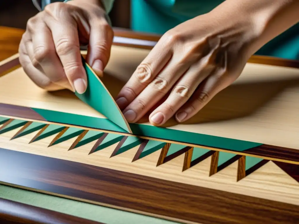 Un artesano experto en técnicas de marquetería en madera crea una impresionante obra de arte con piezas de madera colorida