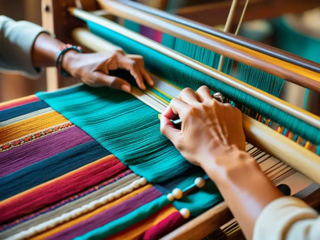 Artesano experto tejiendo un textil étnico en telar de madera, reflejando la herencia cultural y el coleccionismo de tejidos étnicos culturales