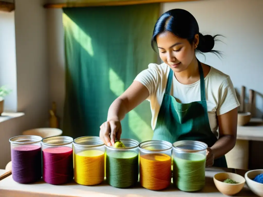 Artesano experto tiñendo telas con tintes naturales en un ambiente tradicional, evocando autenticidad y destreza en el arte del teñido natural