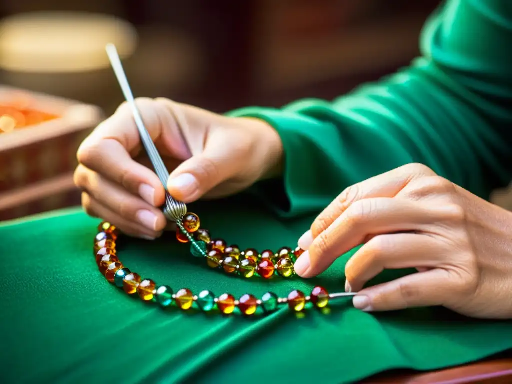 Un artesano experto en bisutería tradicional con abalorios ensarta meticulosamente vibrantes y ornamentales cuentas de vidrio en un delicado alambre, creando una pieza de joyería única