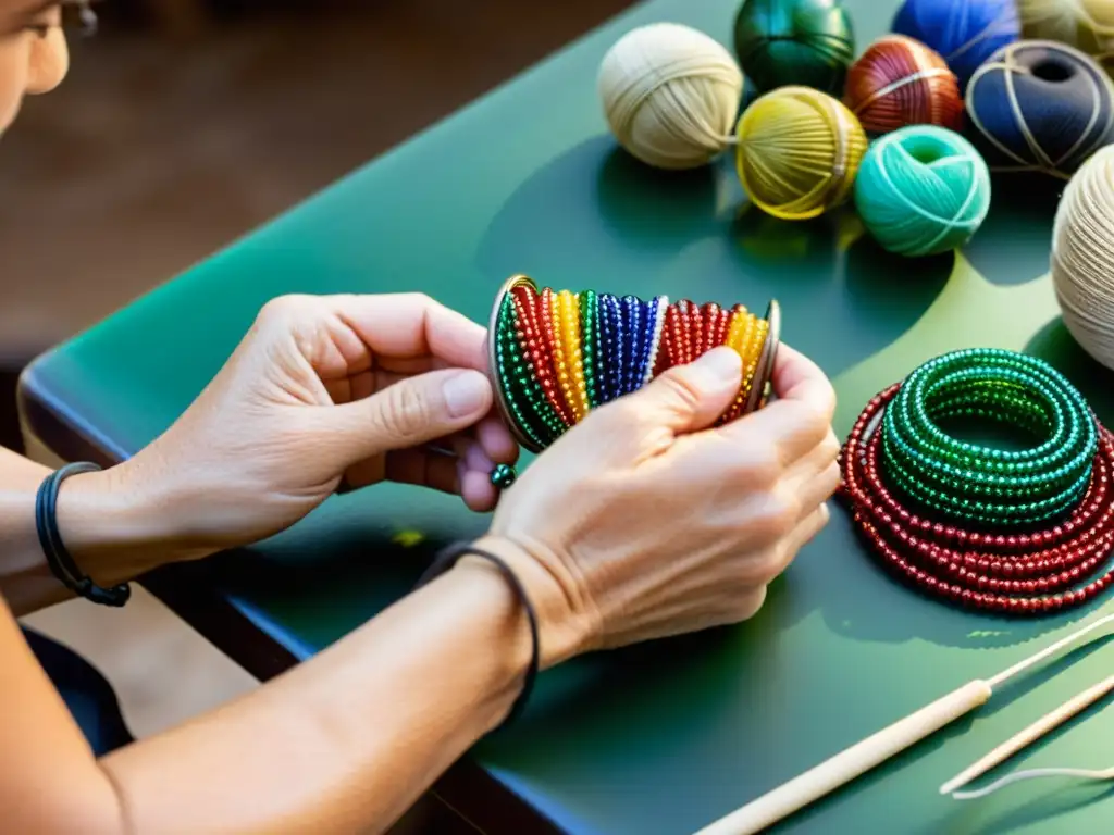 Un artesano hábil crea una exquisita joya con abalorios, reflejando la riqueza cultural del curso de bisutería tradicional con abalorios