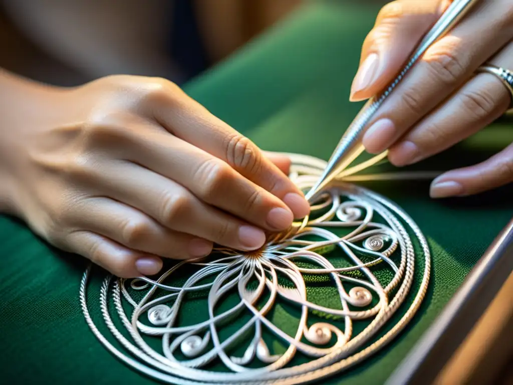 Artesano creando filigrana de plata para joyería artesanal, destreza y precisión en cada detalle