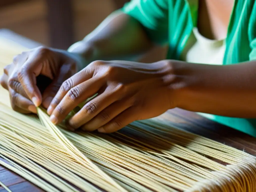 Un artesano filipino tejendo con destreza tejidos abacá, resaltando la tradición cultural de la artesanía filipina