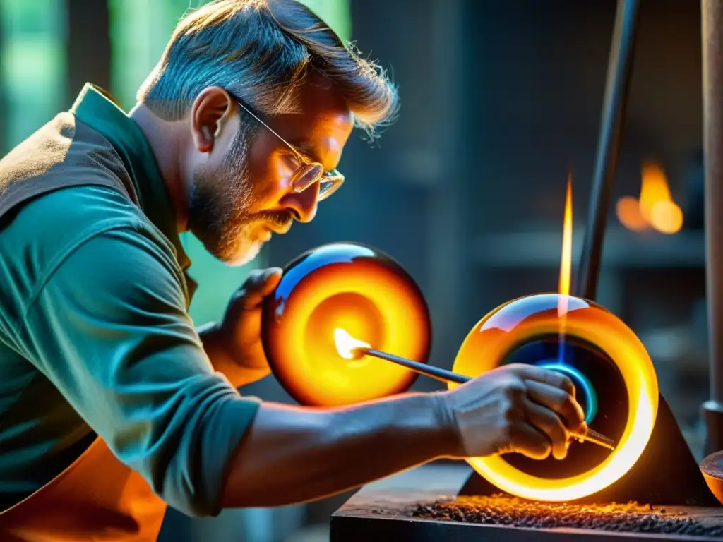 Un artesano moldea con precisión vidrio fundido en un taller de vidrio soplado artesanal, mostrando la intensidad y la belleza del proceso artesanal