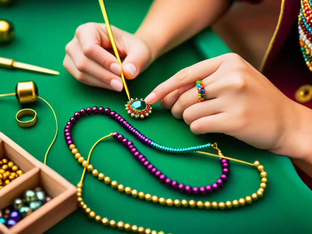 Un artesano habilidoso ensarta abalorios en un alambre, creando joyería tradicional