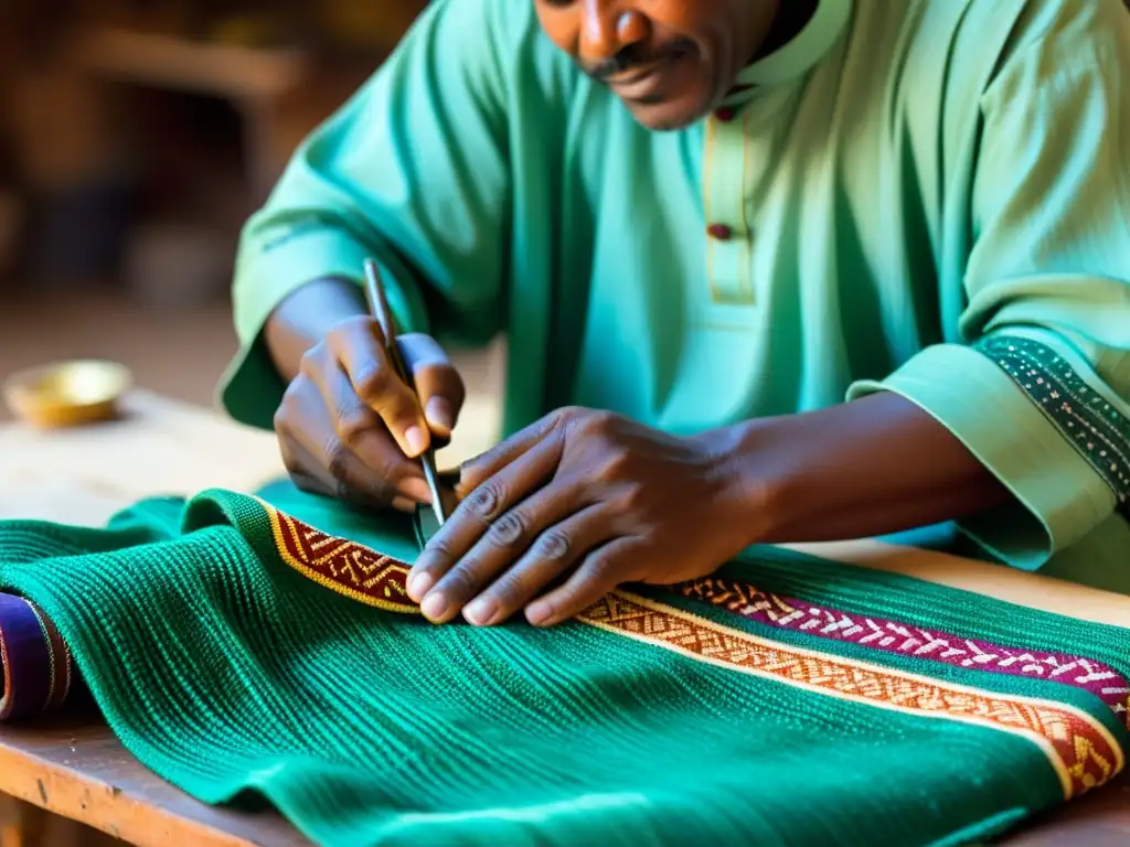 Un artesano habilidoso teje una Djellaba tradicional del norte de África en un bullicioso mercado, reflejando la rica herencia cultural