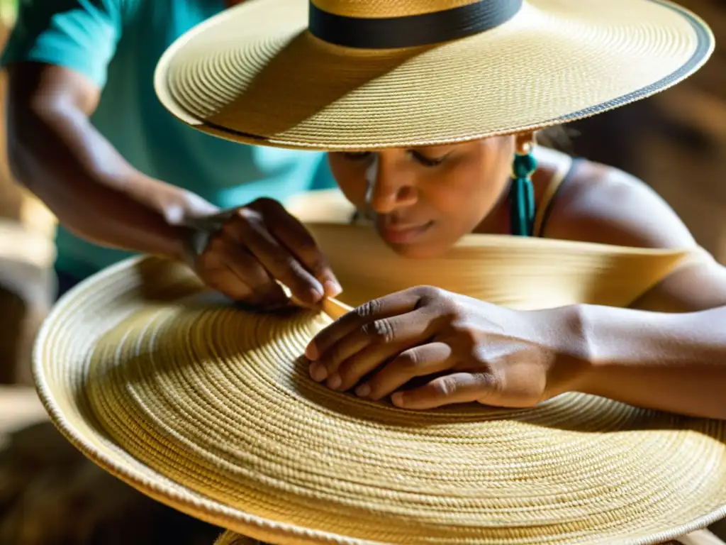 Un artesano habilidoso teje meticulosamente un sombrero Panamá, destacando la artesanía y la tradición detrás de este icónico accesorio