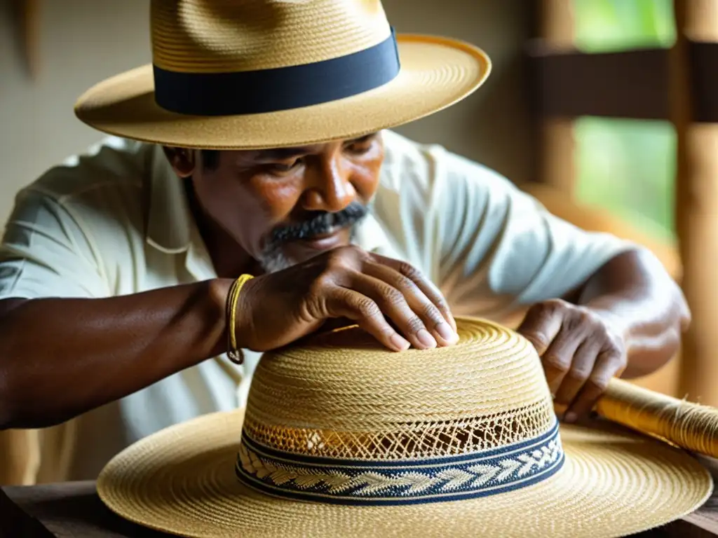 Un artesano habilidoso teje un sombrero Panamá tradicional con fibras de paja, resaltando la artesanía, la tradición y el estilo