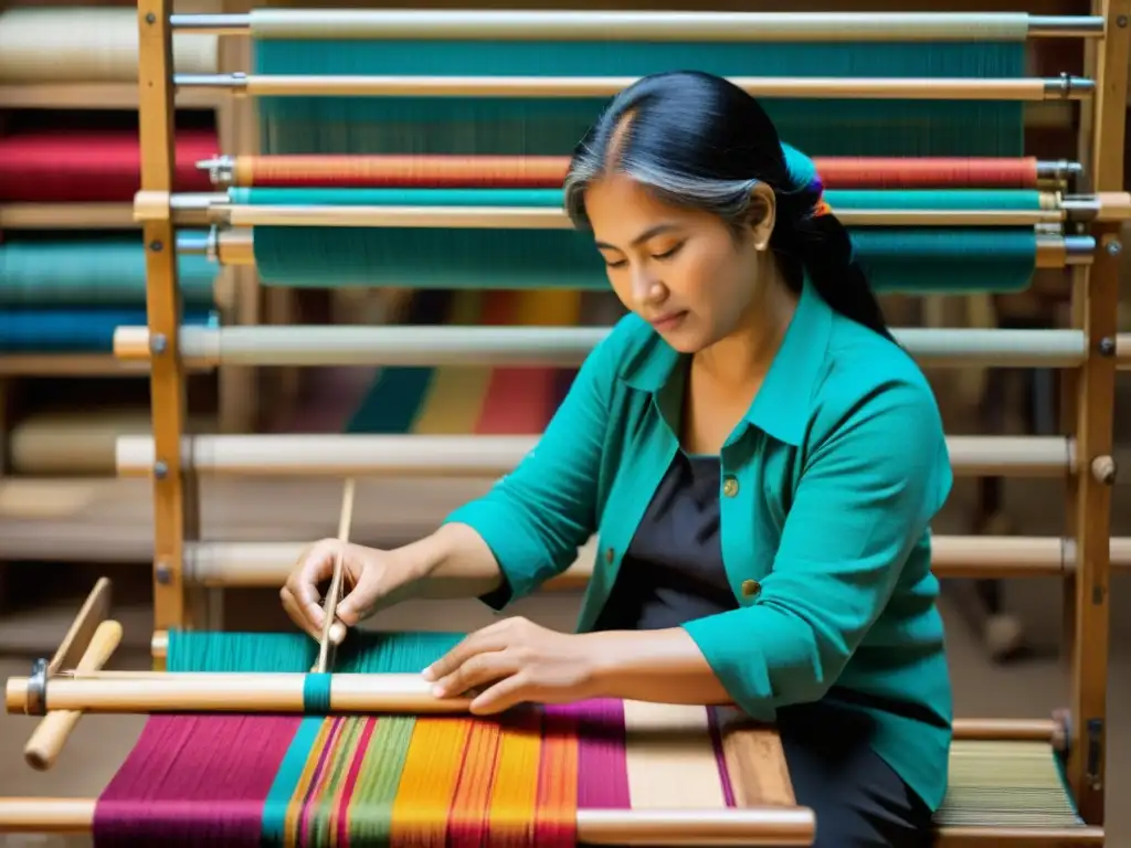 Un artesano habilidoso teje vibrantes hilos en un telar manual de madera, reviviendo tradiciones en taller textil