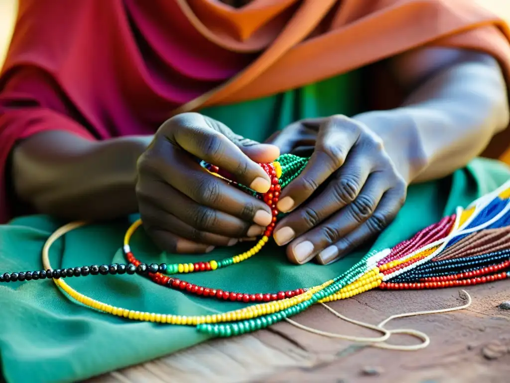 Un artesano Masai hilvana con destreza cuentas coloridas en un hilo, mostrando el significado espiritual detrás del arte de las cuentas Masai