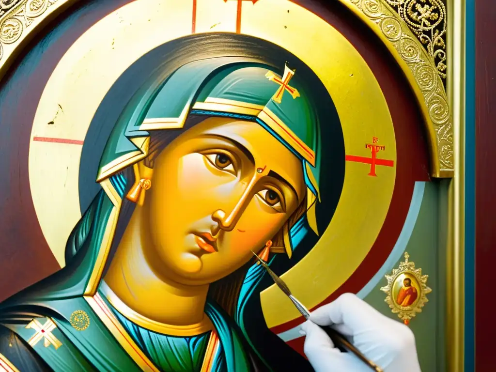 Un artesano restaura con maestría una iconografía religiosa de los ortodoxos, aplicando capas de pintura vibrante con precisión