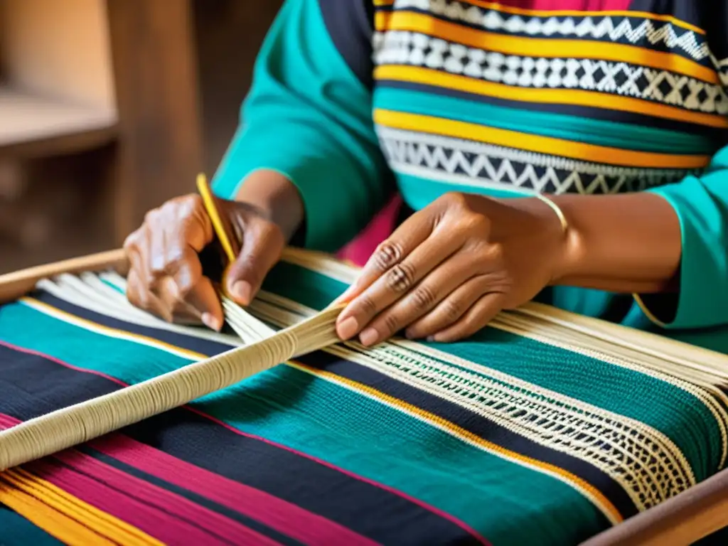 Un artesano indígena teje con cuidado un textil multicolor, mostrando la belleza de las exposiciones de arte étnico ancestral