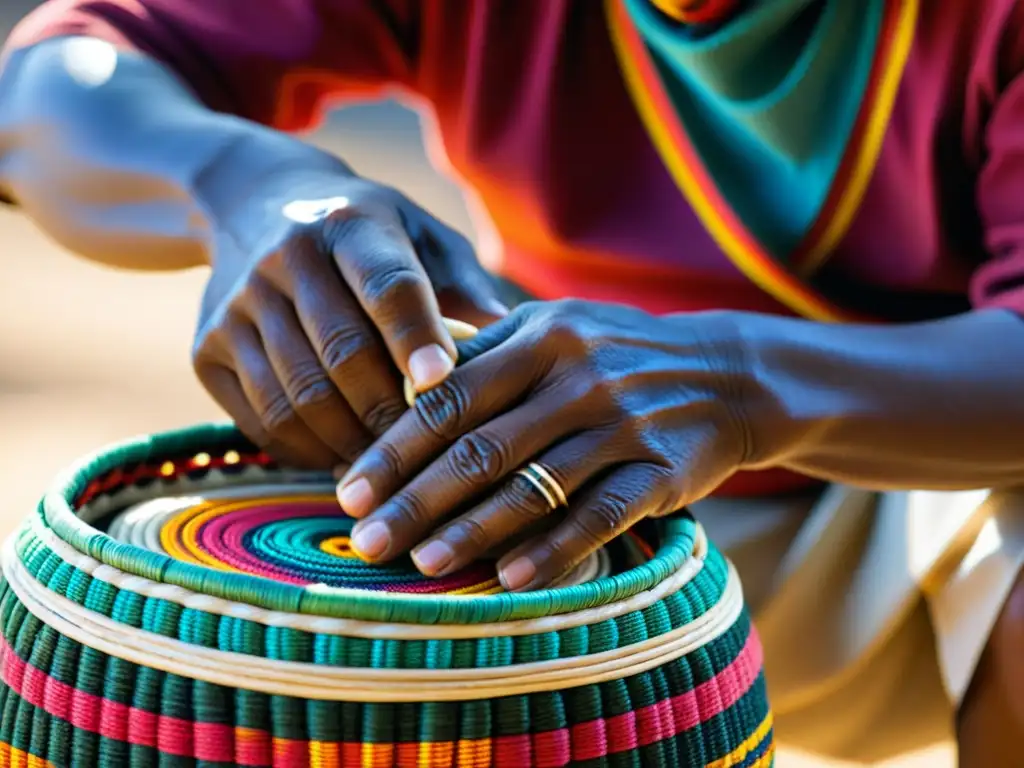 Un artesano indígena experto teje con maestría fibras naturales para crear una cesta tradicional en un taller lleno de herramientas y materiales