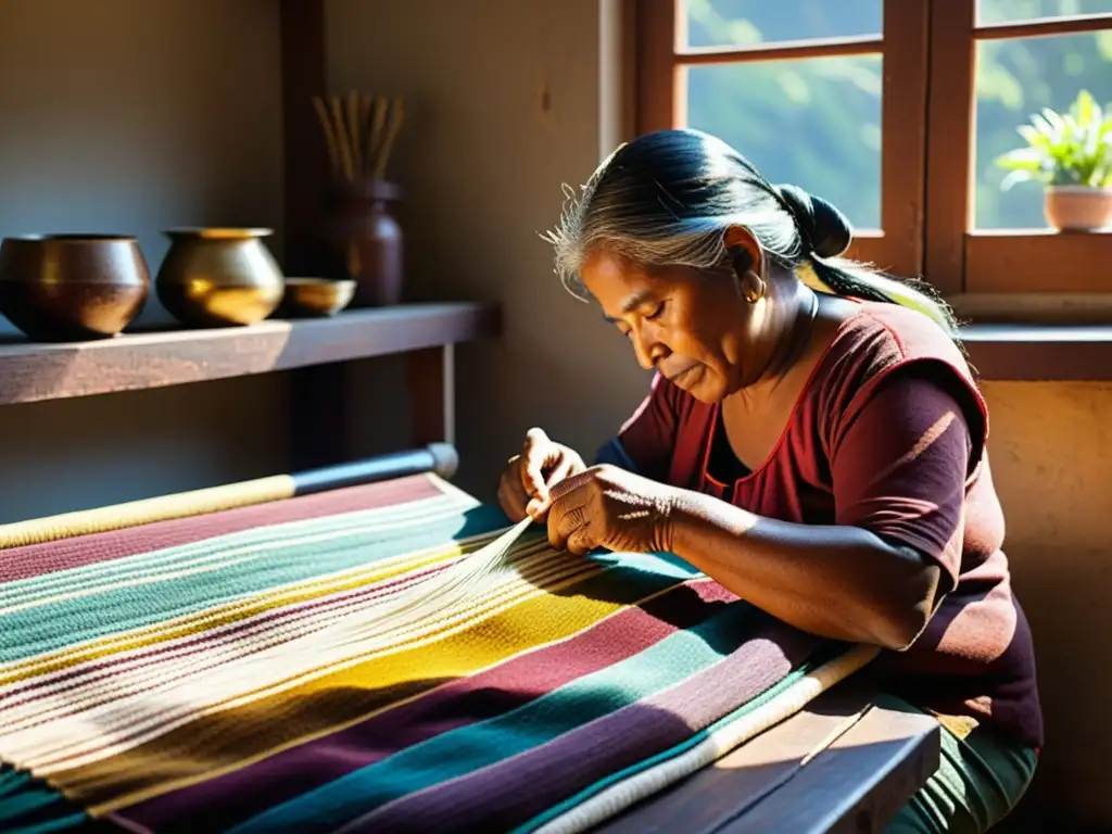 Un artesano indígena teje un patrón textil con tintes naturales, resaltando la importancia del diseño en arte étnico